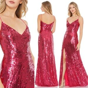 Mac Duggal NEW Sequined Sleeveless Thin Strap High Slit Gown in Lipstick Size 10